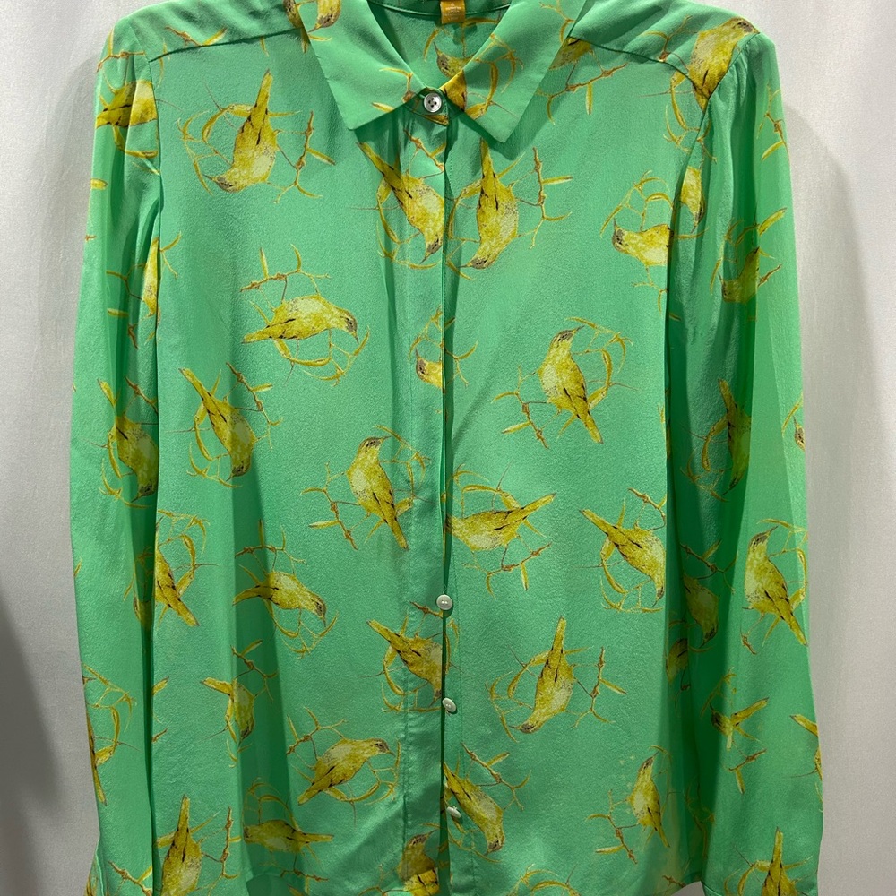 Anthropologie Leifsdottir Seaside Green Bird Print Blouse